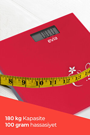 Evia Fokus 180kg Kapasiteli 5mm Dayanıklı Temper Camlı Beyaz Desenli Dijital Baskül Tartı Kırmızı