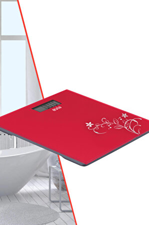 Evia Fokus 180kg Kapasiteli 5mm Dayanıklı Temper Camlı Beyaz Desenli Dijital Baskül Tartı Kırmızı