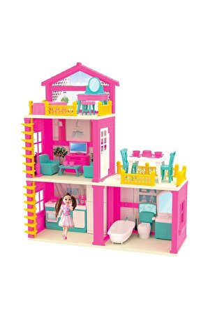 Lola'nın Düşler Evi Aksesuarlı 3 Katlı 3 Odalı Balkonlu Barbie Chelsea Bebek Oyun Rüya Ev Seti