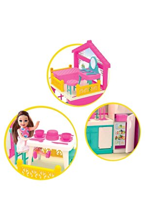 Lola'nın Düşler Evi Aksesuarlı 3 Katlı 3 Odalı Balkonlu Barbie Chelsea Bebek Oyun Rüya Ev Seti