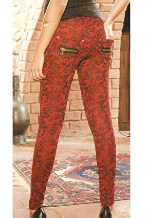 Mad Women 722 - Kadın %60 Pamuklu ( Cotton ) Fermuar Detaylı & Arka Cepli Ekstra Dayanıklı Uzun Tayt - Kırmızı