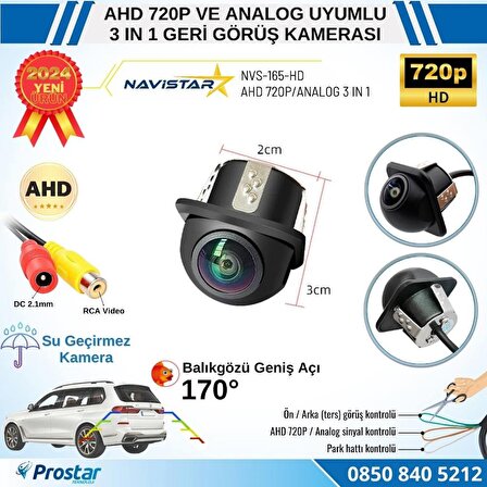 AHD 720P ve Analog Çevrilebilir 170 Derece Balıkgözü Geniş Açılı  Geri Görüş Kamerası
