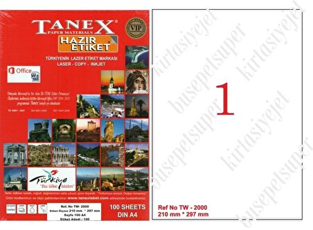 Tanex Tw-2000 Ebat 210 x 297 mm Laser Etiket  A4 Sayfada 1 Etiket