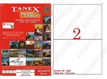 Tanex Tw-2002 Ebat 199 x 143 mm Laser Etiket  A4 Sayfada 2 Etiket