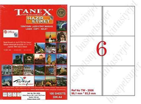 Tanex Tw-2006 Ebat 99 x 93 mm Laser Etiket  A4 Sayfada 6  Etiket