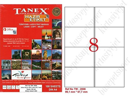 Tanex Tw-2008 Ebat 99 x 67 mm Laser Etiket  A4 Sayfada 8  Etiket