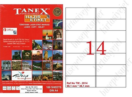 Tanex Tw-2014 Ebat 99 x 38 mm Laser Etiket  A4 Sayfada 14 Etiket
