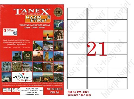 Tanex Tw-2021 Ebat 63 x 38 mm Laser Etiket  A4 Sayfada 21 Etiket