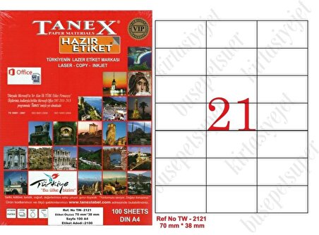 Tanex Tw-2121 Ebat 70 x 38 mm Lazer Etiket  A4 Sayfada 21 Etiket
