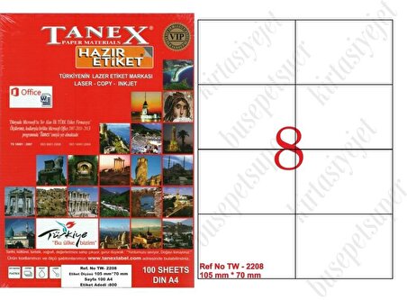 Tanex Tw-2208 Ebat 105 x 70 mm Lazer Etiket  A4 Sayfada 8 Etiket
