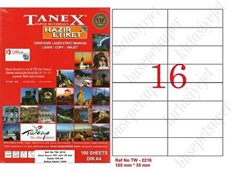 Tanex Tw-2216 Ebat 105 x 35 mm Lazer Etiket  A4 Sayfada 16 Etiket