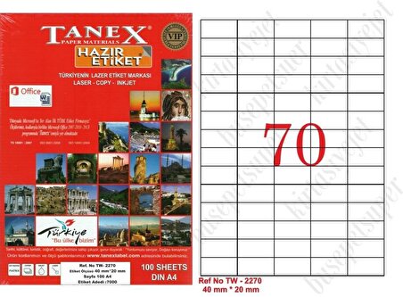 Tanex Tw-2270 Ebat 40 x 20 mm Lazer Etiket  A4 Sayfada 70 Etiket