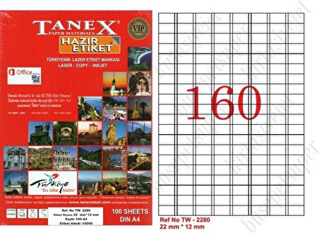 Tanex Tw-2280 Ebat 22 x 12 mm Laser Etiket  A4 Sayfada 160 Etiket