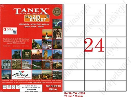 Tanex Tw-2324 Ebat 70 x 35 mm Lazer Etiket  A4 Sayfada 24 Etiket