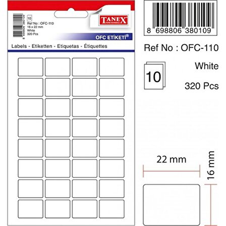 Tanex Etiket Ofc-110-16 X22 Mm 320 Adet - Beyaz