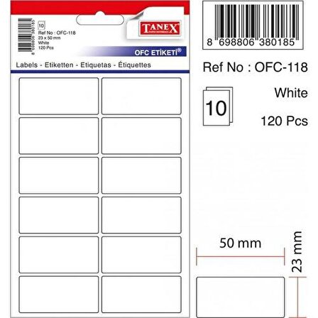 Tanex Ofc-118 Beyaz Ofis Etiketi 23x50 Mm 10 Syf-120 Adt