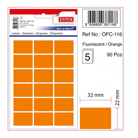 Tanex Ofis Etiketi Poşetli 22x32 MM Fosforlu Turuncu Ofc-116