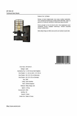Avonni Ap-60002-1E Ahşap - Cam - Metal Eskitme İç Mekan Duvar Kahverengi Aplik 