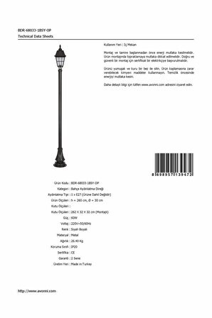 AVONNI BDR-68033-1BSY-OP Siyah Boyalı Dış Mekan Aydınlatma E27 Aluminyum Cam 30cm
