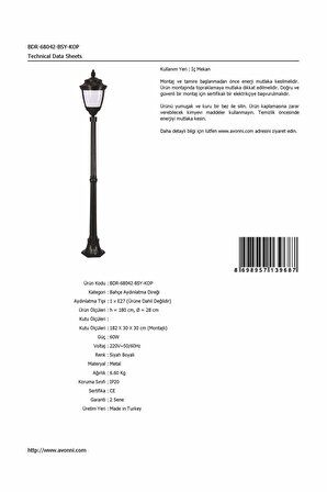 AVONNI BDR-68042-BSY-KOP Siyah Boyalı Dış Mekan Aydınlatma E27 Aluminyum Döküm Dip Polikarbon Cam 28cm