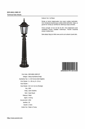 AVONNI BDR-68061-2BKR-OP Siyah Boyalı Dış Mekan Aydınlatma E27 Aluminyum Cam 20cm
