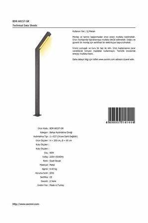 AVONNI BDR-68157-GR Siyah Boyalı Dış Mekan Aydınlatma E27 Aluminyum Polikarbon/Akrilik Cam 65cm