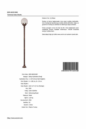 AVONNI BDR-68209-BKR Kahverengi Boyalı Dış Mekan Aydınlatma E27 Çelik Boru ABS Polietilen Cam 25cm