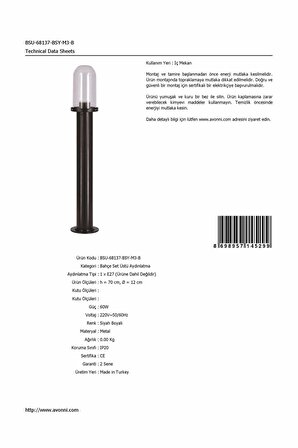 AVONNI BSU-68137-BSY-M3-B Siyah Boyalı Dış Mekan Aydınlatma E27 Aluminyum Polikarbon Cam 12cm
