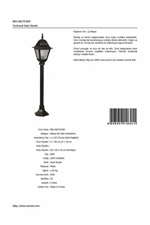 AVONNI BSU-68179-BSY Siyah Boyalı Dış Mekan Aydınlatma E27 ABS Polikarbon Cam 18cm