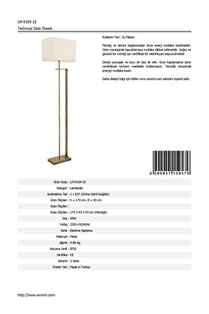 AVONNI LM-9109-1E Eskitme Kaplama Lambader E27 Metal Kumaş 42x22cm