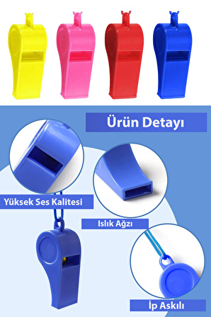 Sarı Plastik Düdük, 4 Adet İpli Yüksek Sesli Hakem Düdüğü Hediyelik Parti Düdükleri 