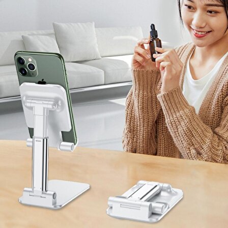 Beyaz Aynalı Cep Telefonu Sabitleyici Stand Katlanabilir Ayarlanabilir Telefon Standı (4251)