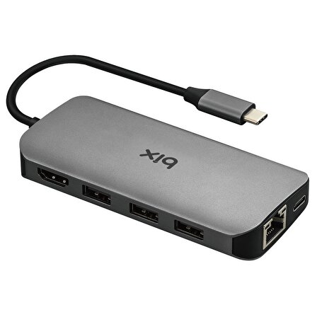 Bix BX10HB Type-C To 2xUSB 3.0 USB 2.0 Gigabit Ethernet HDMI 4K SD Micro SD Kart Okuyucu PD 8 Portlu Çevirici Dönüştürücü Hub Adaptör-BX10-00