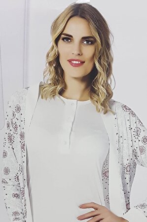Aydoğan Homewear Kadın Baskılı 3lü Sabahlıklı Cepli Kadın Kabartma Baskı Biye Detaylı Pijama Takımı-6774