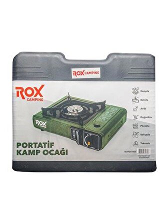 Rox Camping 0188 Tekli Portatif Kamp Ocak - Haki Yeşil, Rüzgarlıklı, Ekstra Gaz Girişli