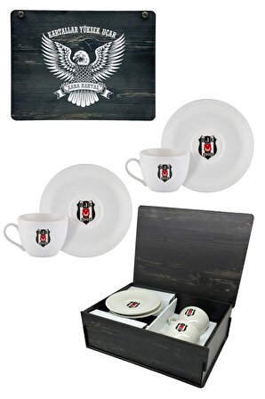Beşiktaş Orijinal Lisanslı 2'li Çay Fincanı Takımı Hediyelik Ahşap Kutulu