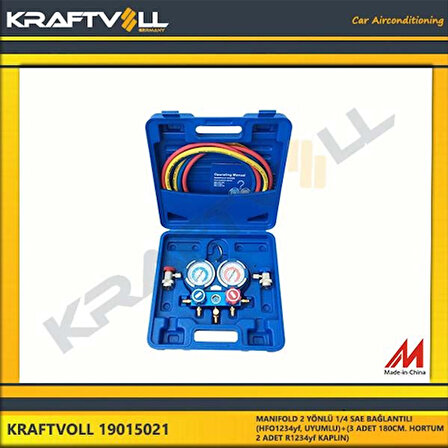 MANIFOLD 2 YÖNLÜ 1-4 SAE BAGLANTILI  HFO1234yf. UYUMLU+3 ADET 180CM. HORTUM+2 ADET R1234yf KAPLIN - KRAFTVOLL 19015021