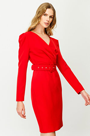 Ekol Kadın Kruvaze Kemerli Elbise 5025 Kırmızı
