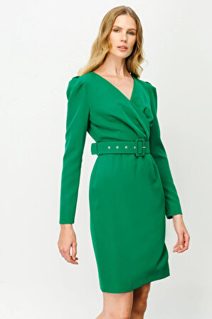 Ekol Kadın Kruvaze Kemerli Elbise 5025 Yeşil
