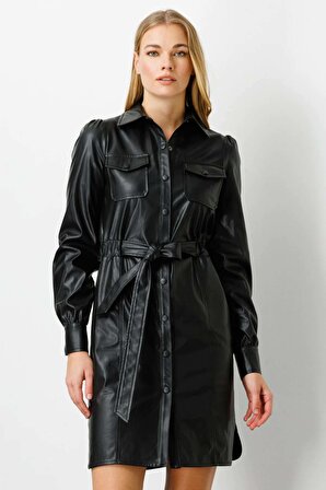 Ekol Kadın Önü Çıtçıtlı Deri Elbise 5017 Siyah