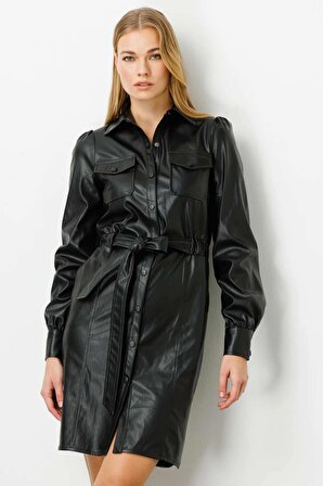 Ekol Kadın Önü Çıtçıtlı Deri Elbise 5017 Siyah