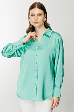 Ekol Kadın Saten Görünümlü Gömlek 1502 Yeşil