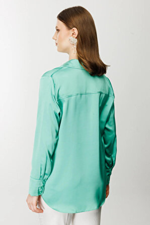 Ekol Kadın Saten Görünümlü Gömlek 1502 Yeşil