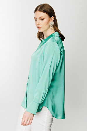 Ekol Gömlek Yaka Büyük Beden Uzun Kollu Yeşil Kadın Bluz 24EKL01502