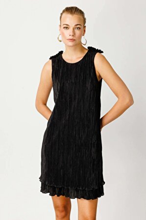 Ekol Kadın Pilise Görünümlü Katlı Elbise 4082 Siyah