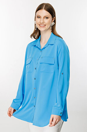Ekol Kadın Kapak Cepli Gömlek 1526 Mavi