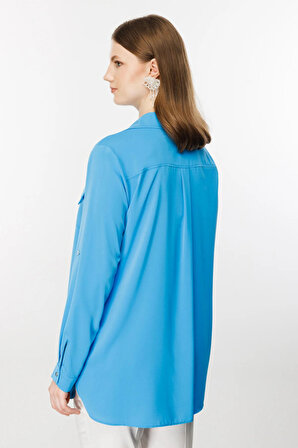 Ekol Kadın Kapak Cepli Gömlek 1526 Mavi
