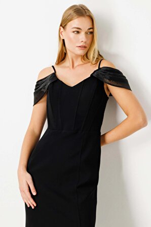 Ekol Kadın Omzu Organze Detaylı Krep Abiye Elbise 4100 Siyah