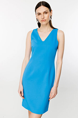 Ekol Kadın V Yaka Sıfır Kol Elbise 4002 Mavi