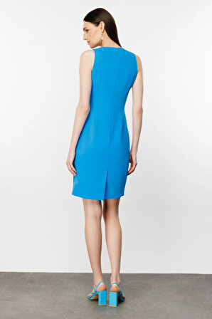 Ekol Kadın V Yaka Sıfır Kol Elbise 4002 Mavi